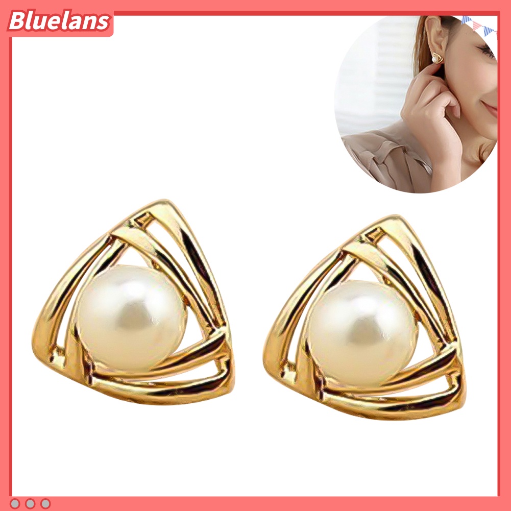 Bluelans Women Faux Pearl Inlaid Double Triangle Crossover Ear Stud Earrings Jewelry Gift