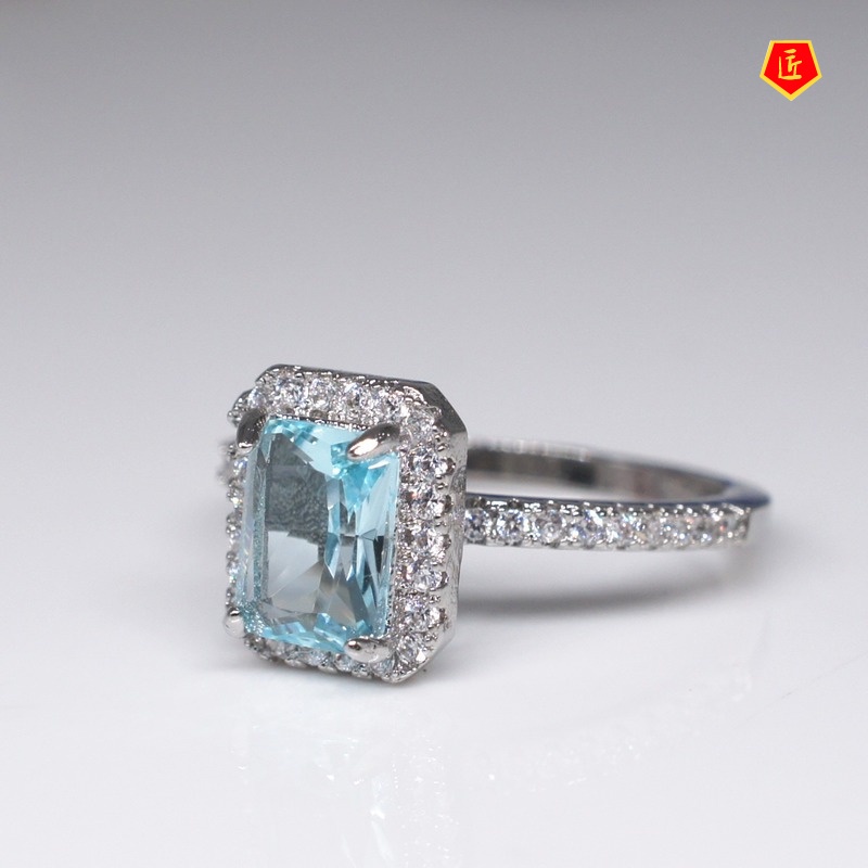 [Ready Stock]Simple Personality Topaz Square Blue Diamond Ring