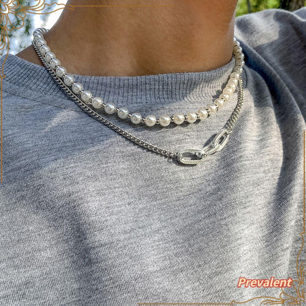 Kalung Choker Rantai Logam Hias Mutiara Imitasi Geometris Gaya Hip Hop Korea Untuk Pria