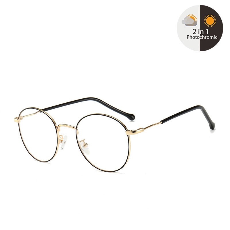 Kacamata Minus Besi Untuk Wanita Pria 0.5/1.0/1.5/2.0/2.5/3.0/3.5/4.0/4.5/5.0/5.5/6.0 Frame Kacamata Korean Bulat-Black&Gold