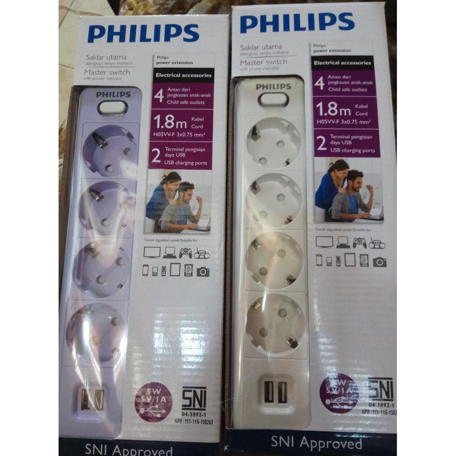 STOP KONTAK COLOKAN LISTRIK 4 LUBANG 2 USB PHILIPS 100% ORIGINA - Puti - Putih