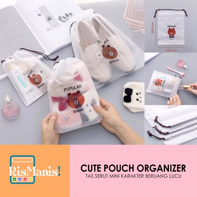 CUTE POUCH ORGANIZER - Tas Serut Travel Mini Serbaguna Anti Air Gambar Karakter Kartun Beruang Lucu