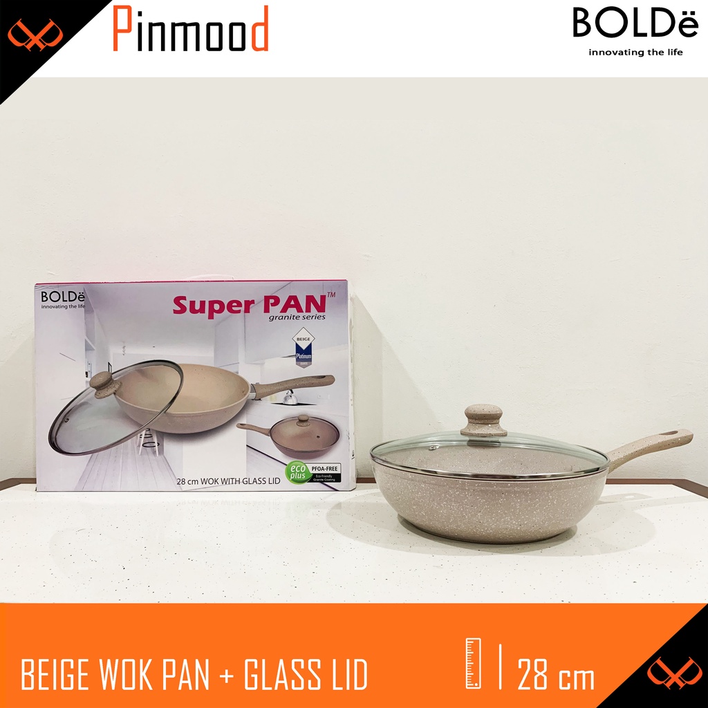 BOLDE BEIGE 28 CM WOK PAN + GLASS LID / TUTUP KACA SUPER PAN COATING GRANITE PANCI PENGGORENGAN WAJAN ANTI LENGKET