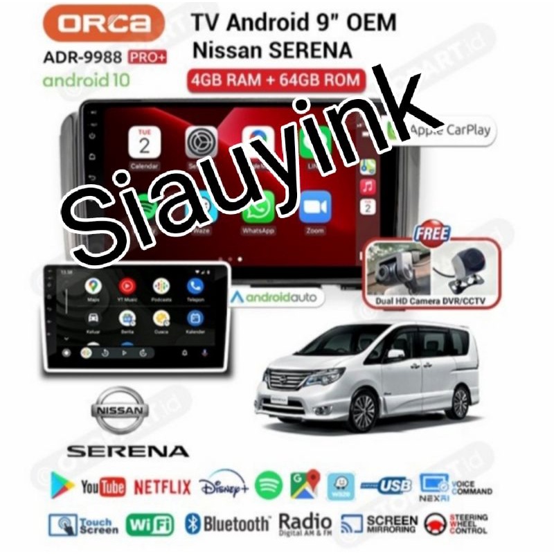 Head unit Android 9inch Orca Pro Plus+ DVR mobil Nissan Serena CarPlay