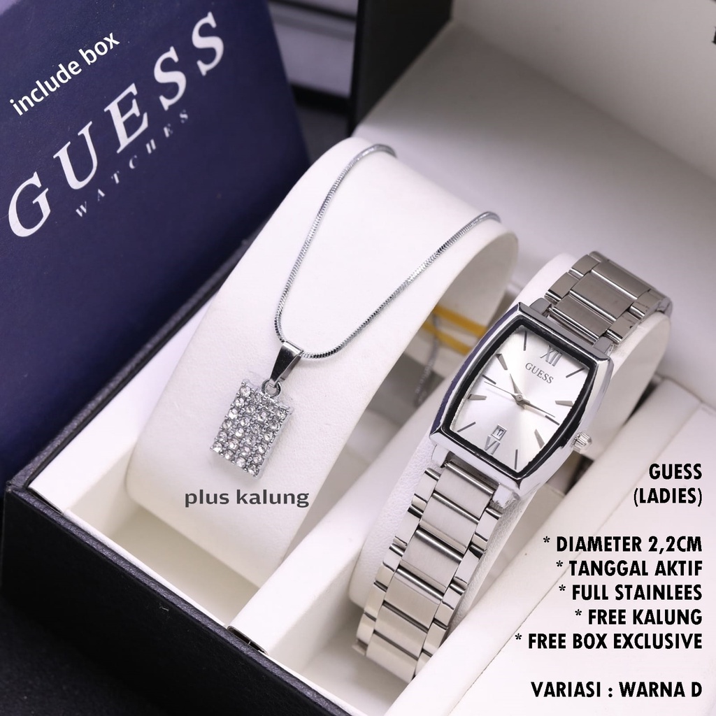 (FREE BOX) JAM TANGAN WANITA GUESS RANTAI BODY OVAL TANGGAL AKTIF FREE KALUNG