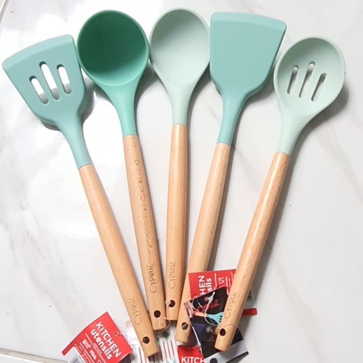 Paket Spatula Cypruz Sodet Silikon Gagang Kayu Silicone Hijau Set