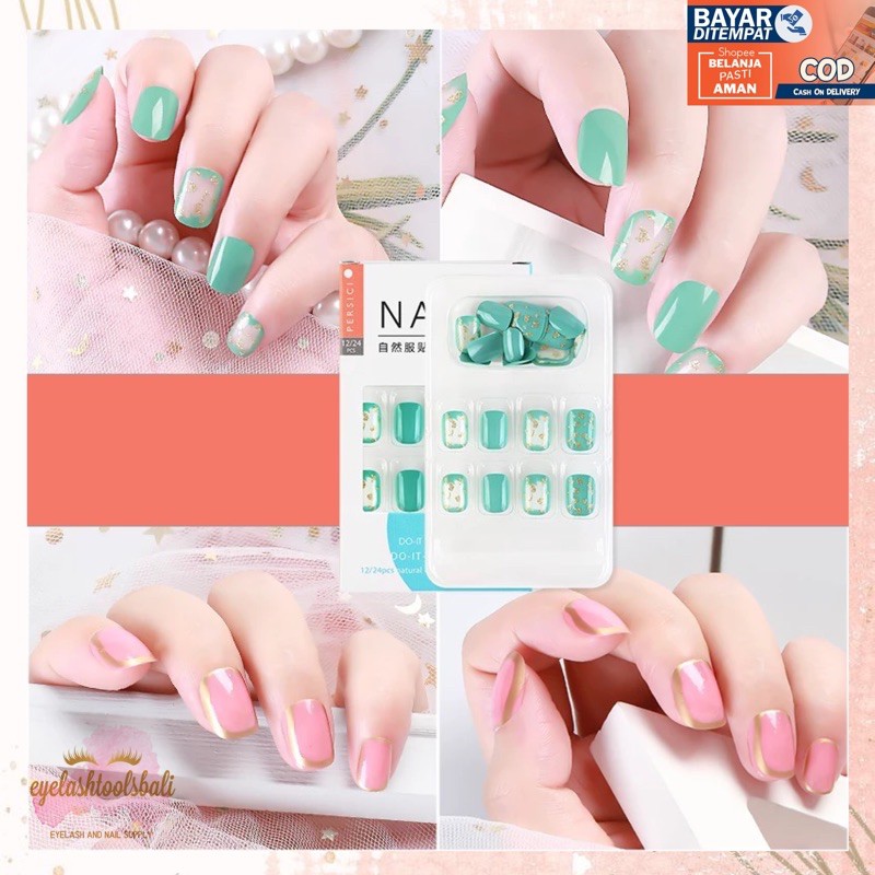 KUKU PALSU 24PCS DENGAN LEM FALSE NAIL TIPS CUTE MOTIF MULTI DESIGN GLOSSY OVAL PENDEK