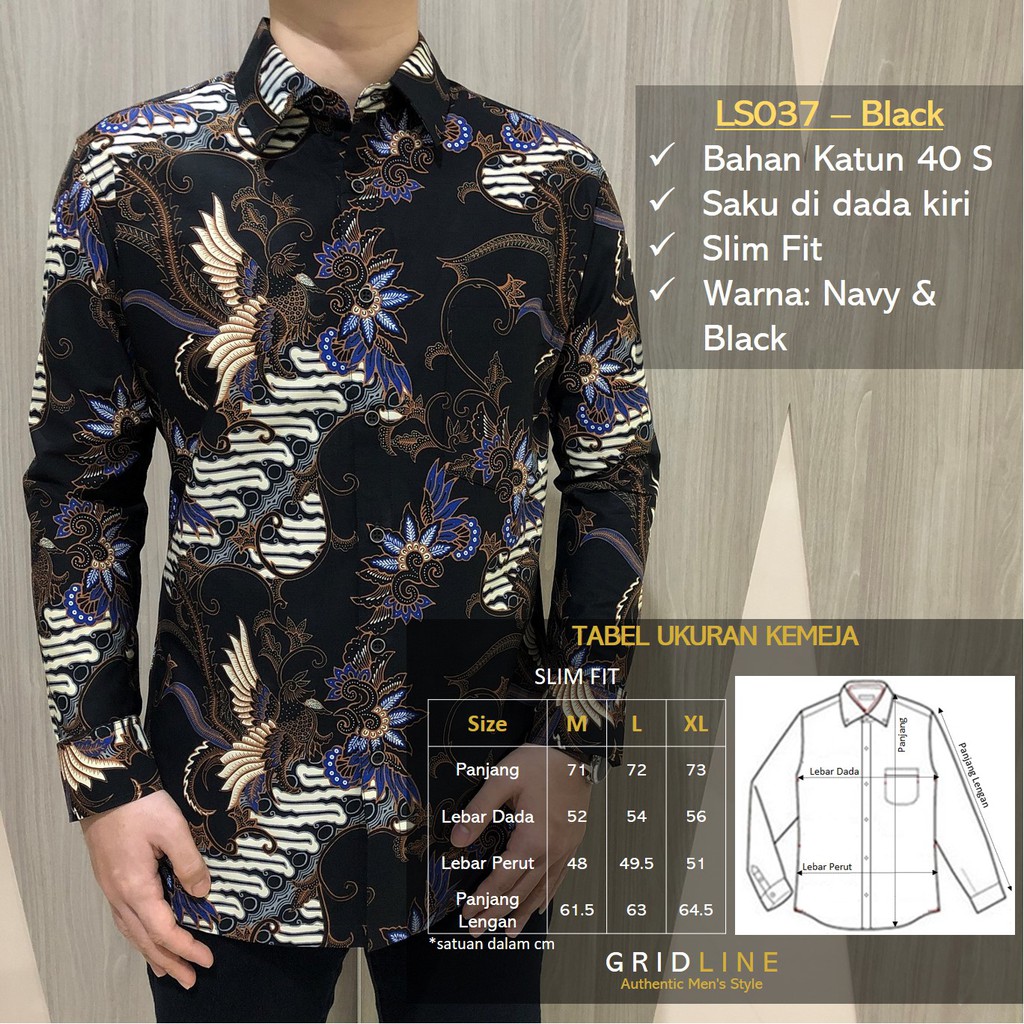 [GRIDLINE - LS072 Dark Navy &amp; Midnight Black - LS037 Navy] Kemeja Batik Slimfit Pria Katun Lengan Panjang Modern Elegant Style