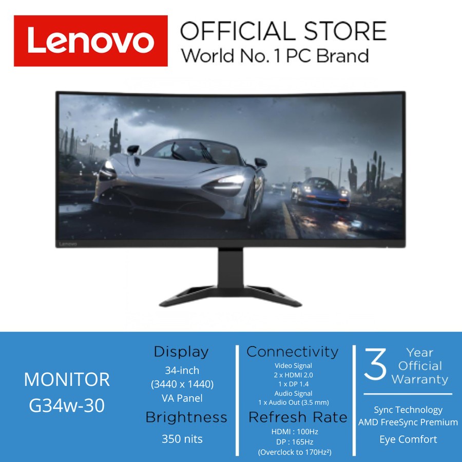 Monitor Lenovo G34w-30 34&quot; VA WQHD 3440 x 1440 170Hz HDMI DP SPEAKER