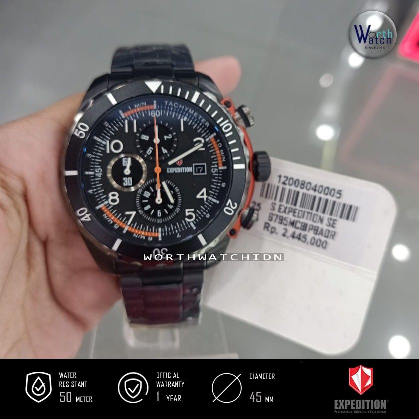 Jam Tangan Pria Terbaru Expedition SE 6795 EXP6795 Chronograph Black Orange Stainless Steel Original