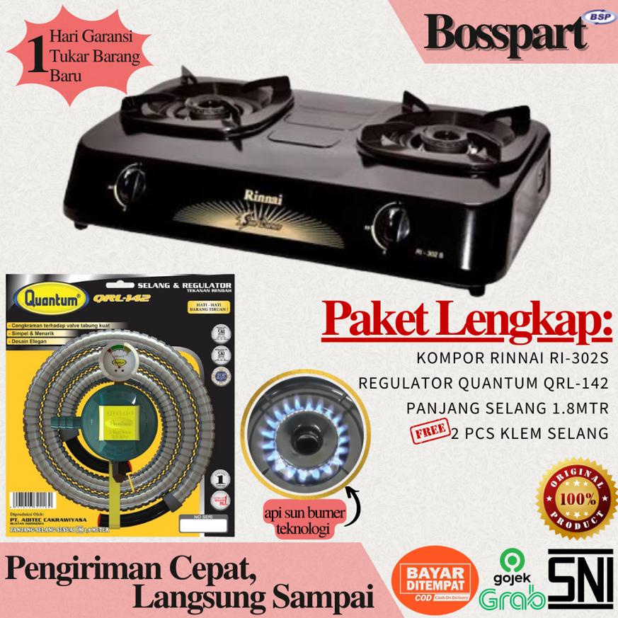 Paket Kompor Gas Rinnai 2 Tungku RI-302s bonus selang regulator Quantum