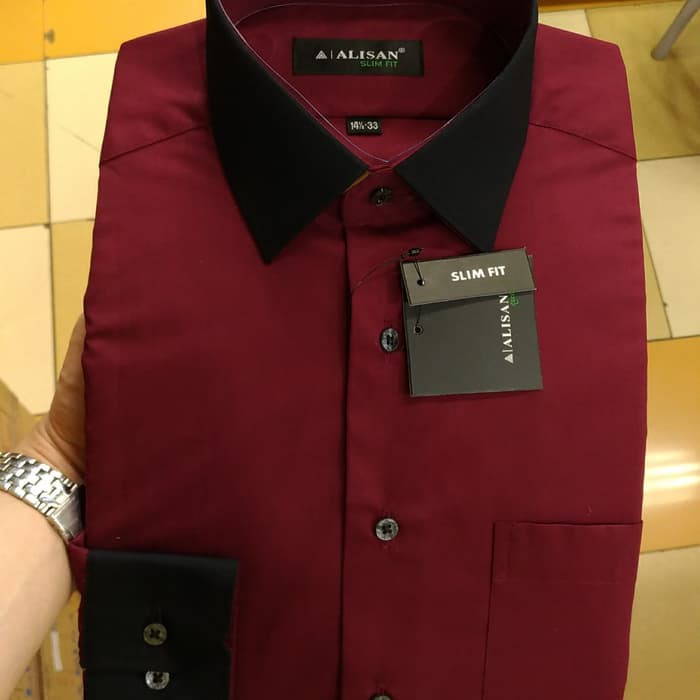 Kemeja Pria Alisan Merah Maroon kombinasi Hitam Slim fit panjang