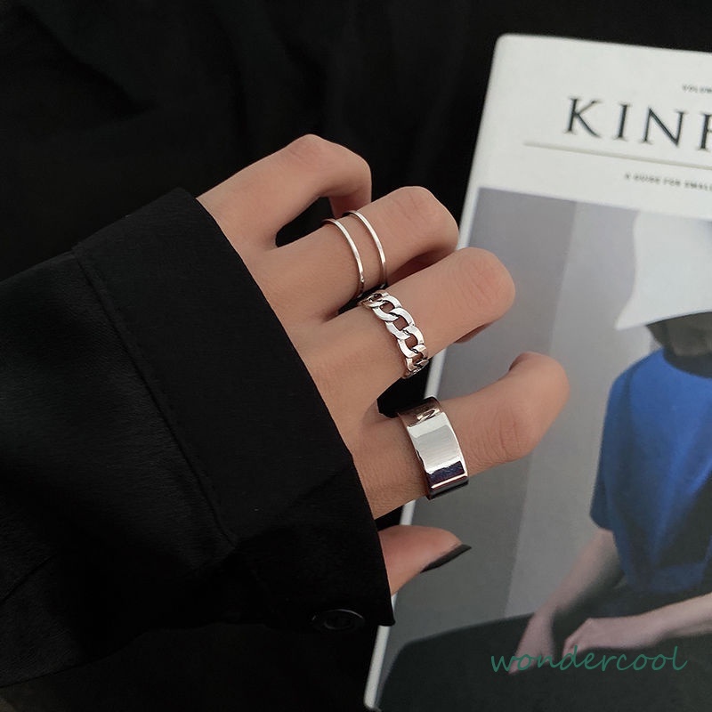 3 Pcs / set INS Cincin Korea Silver Gaya Punk Cincin Pria Untuk Wanita Ring Jewelry-Won