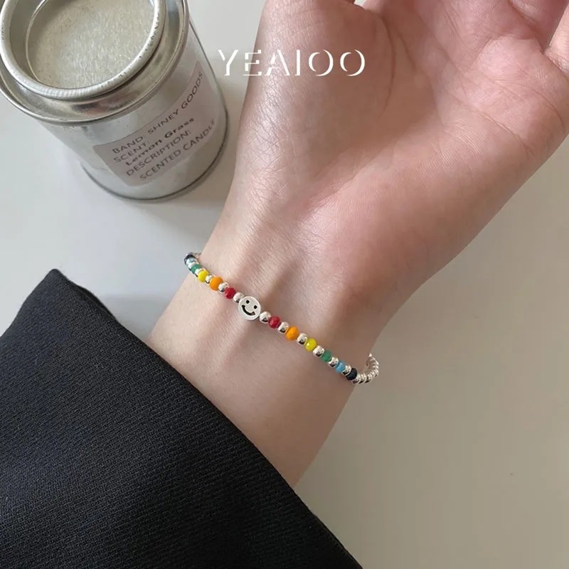 Gelang Manik-Manik Elastis Desain Beruang Hati Smiley Warna Pelangi Gaya Korea Untuk Wanita