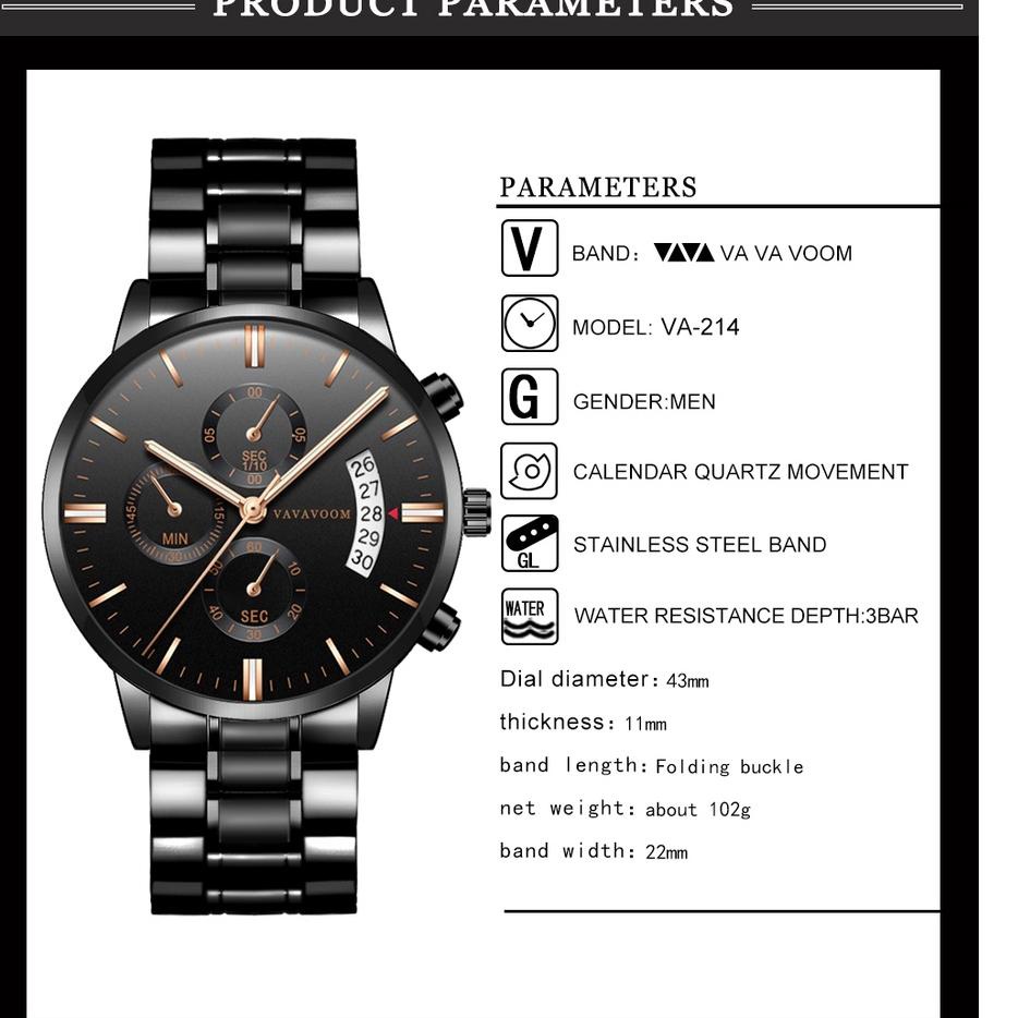 1S6 VAVAVOOM 214 Jam Tangan Pria Business Stainless Steel Analog Quartz Original Tahan Air Watch + K