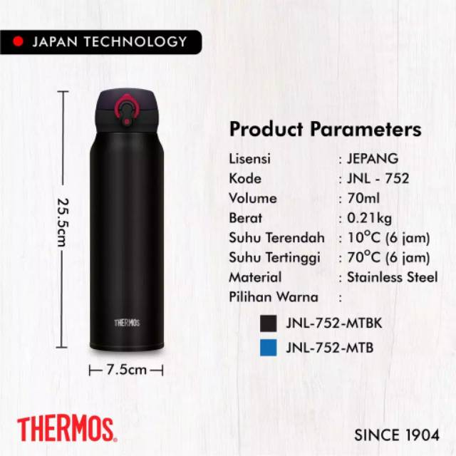 Thermos JNL-752 Stylish One Push Tumbler 750ml - Matte Black 0.75L thermos hitam