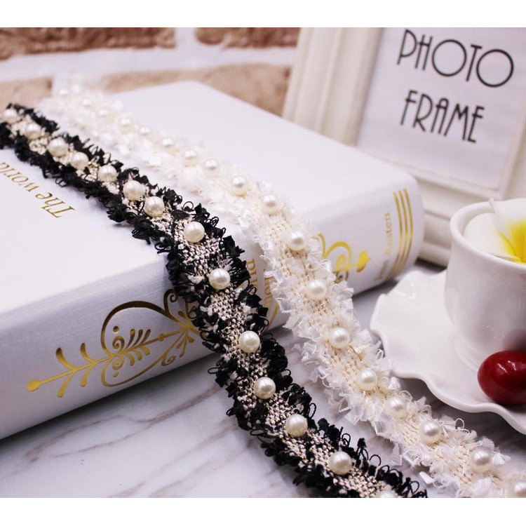 1 Yard Pita Renda Bordir Manik  Manik  Mutiara  untuk 