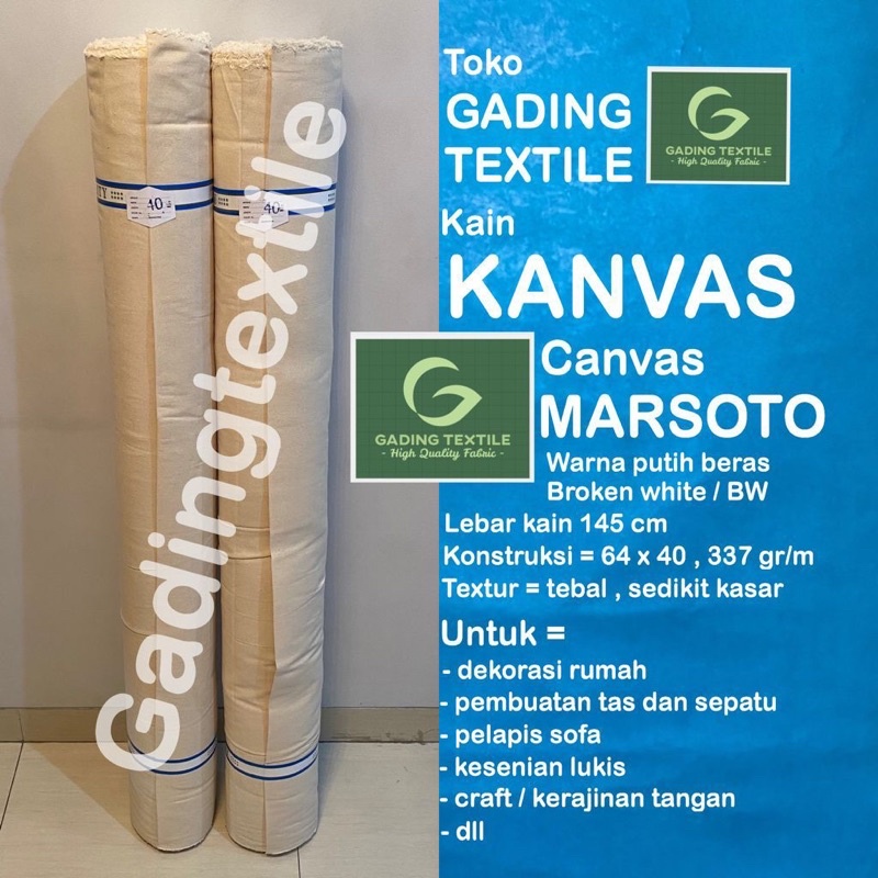 ( per 1 roll ) kain KANVAS CANVAS MARSOTO TC tetoron katun lebar 145 cm isi 40 meter warna putih beras bw bahan tas totebag tote goodie bag sepatu monk monks cloth punch needle sulam embroidery tufting dekorasi dekor sofa blacu belacu tirai horden gorden