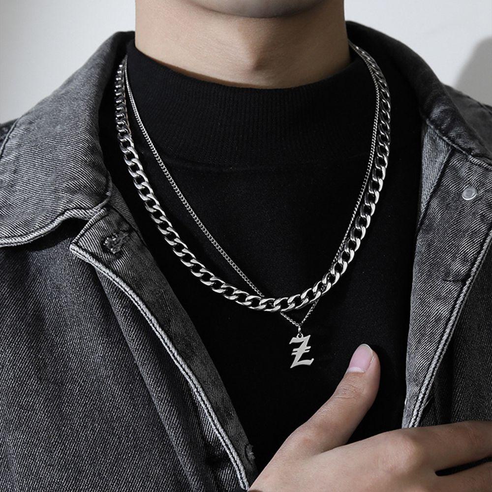 Needway   Kalung Baja Titanium Punk Keren Wanita Pria Sweater Rantai Double Layer Pasangan Kalung Gaya Korea Necklace