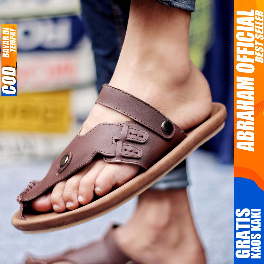 ABRHM LUCKY Sandal Slide Pria Sandal Selop Pria Kulit Asli Sandal Slop Cowok / Cowo Keren Kekinian