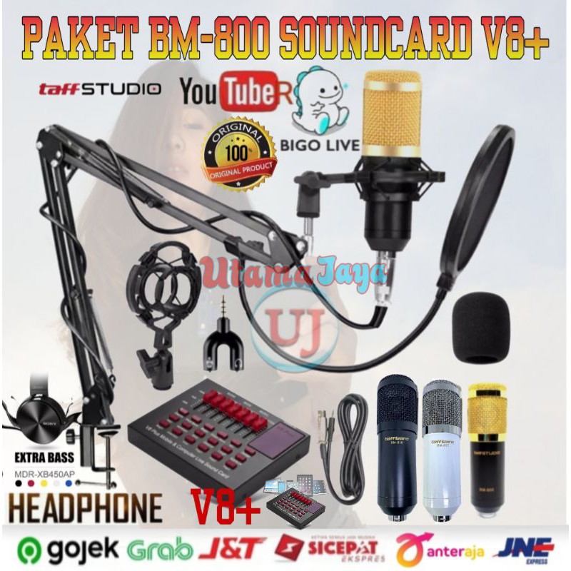 Paket Komplit Mic BM800 Soundcard V8s plus Bluetooth Stand ARM NB35 Pop Filter Recording Terbaik