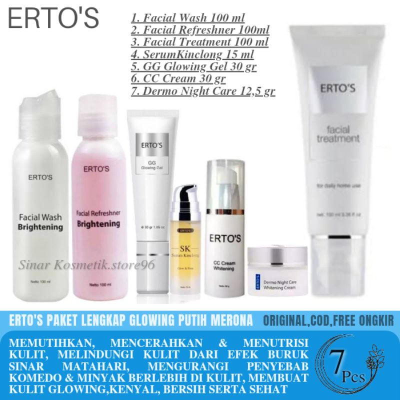 ERTOS PAKET GLOWING PUTIH MERONA (F.TREATMENT, F.WASH, TONER, CC CREAM,GG,NIGHT,SK).