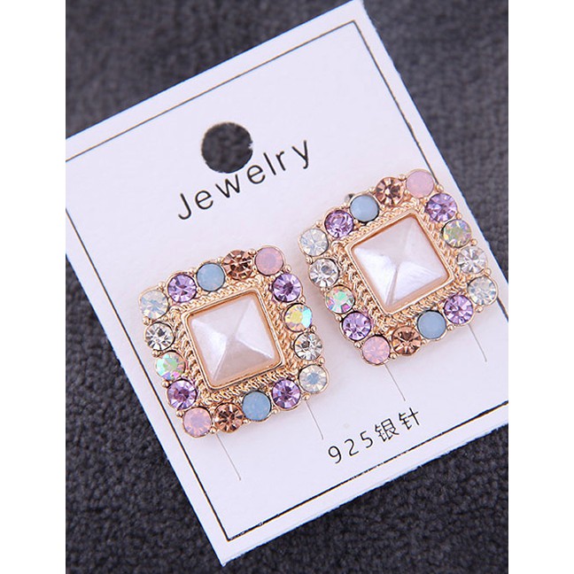 LRC Anting Tusuk Fashion Gold 925 Silver Needle Metal Flash Drill Geometric Square Earrings A58793