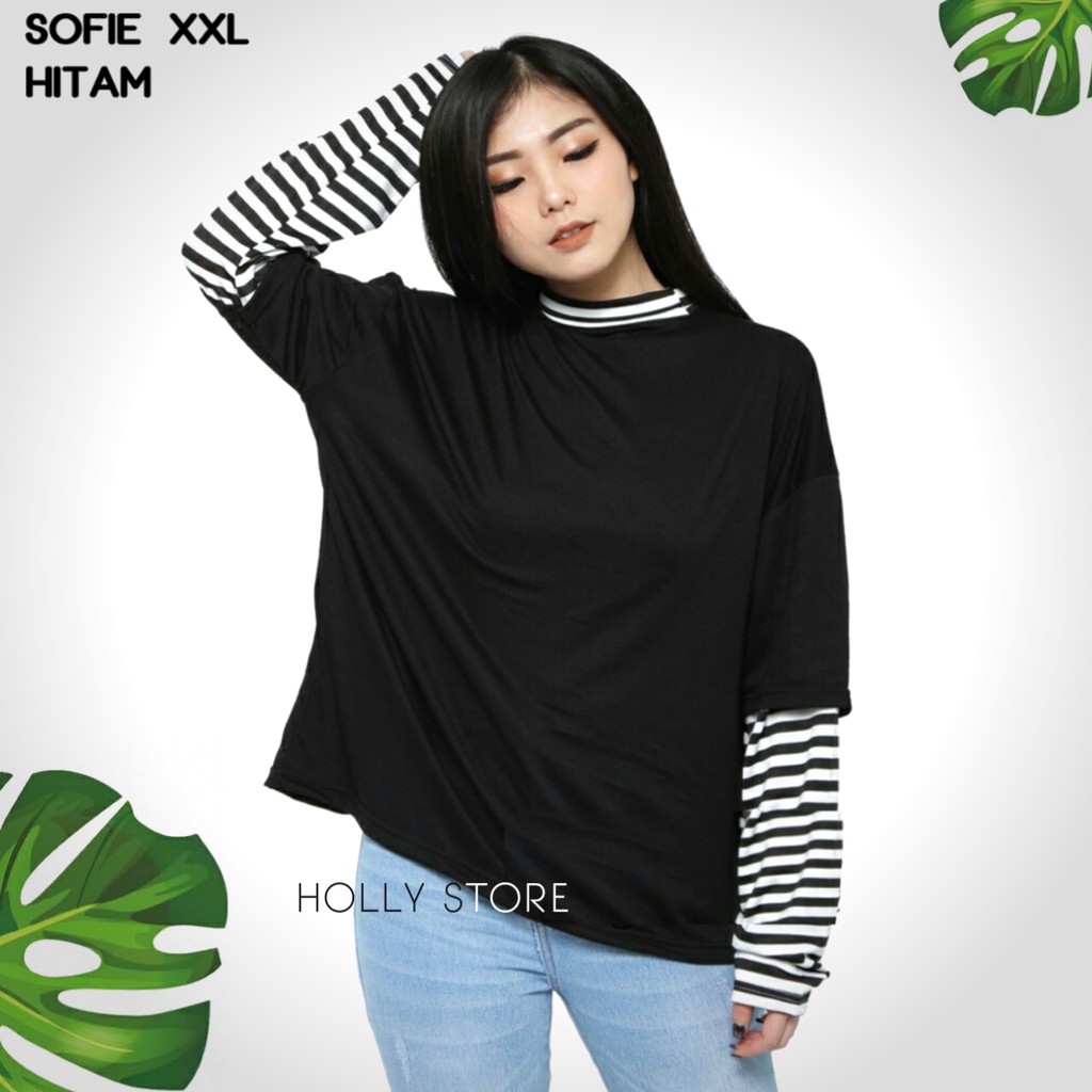 Baju Wanita Atasan Kaos Garis Jumbo Lengan Panjang Murah Kekinian