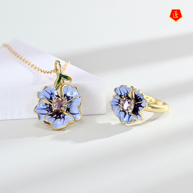 [Ready Stock]Elegant Graceful 18K Flower Ring Earrings and Necklace Set