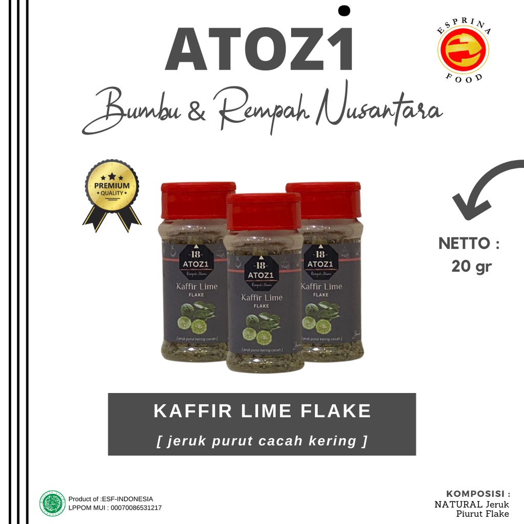 

Jeruk Purut Cacah Kering - Jeruk Purut Flake - Kaffir Lime Flake - ATOZI - Kemasan botol 20 gram