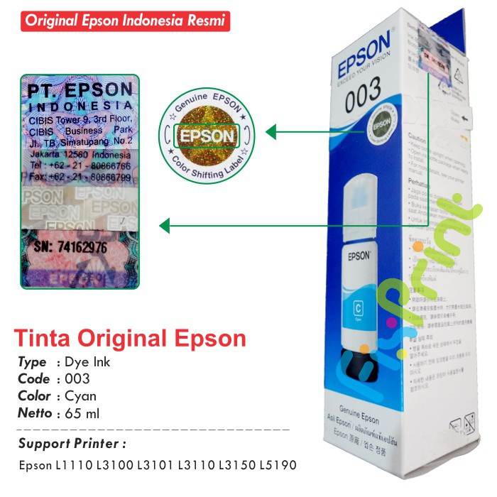 Tinta Refill Botol Epson 003 65ml Original Ink Bottle Printer L1110 L3100 L3101 L3110 L3150 L5190