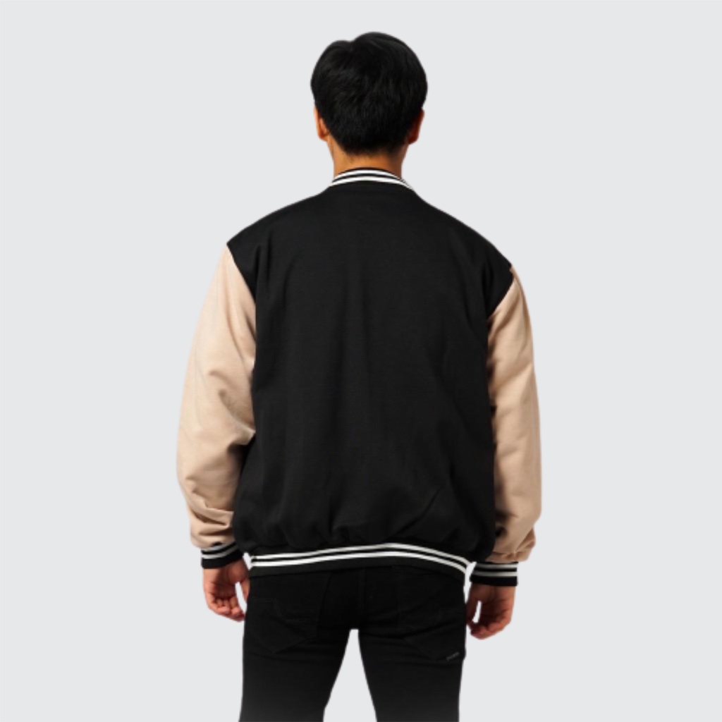 Jacket Pria Bomber Varsity Basic List Cream / Jacket Bomber Varsity / Jaket Pria Original