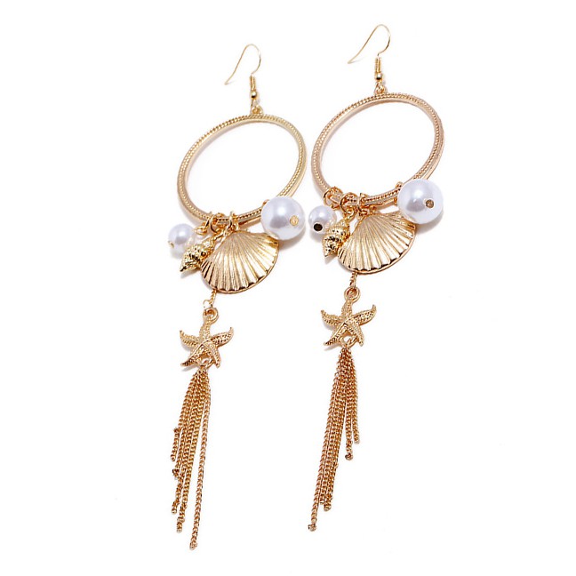 LRC Anting Gantung Fashion Gold Starfish Shell Pearl Earrings F63117