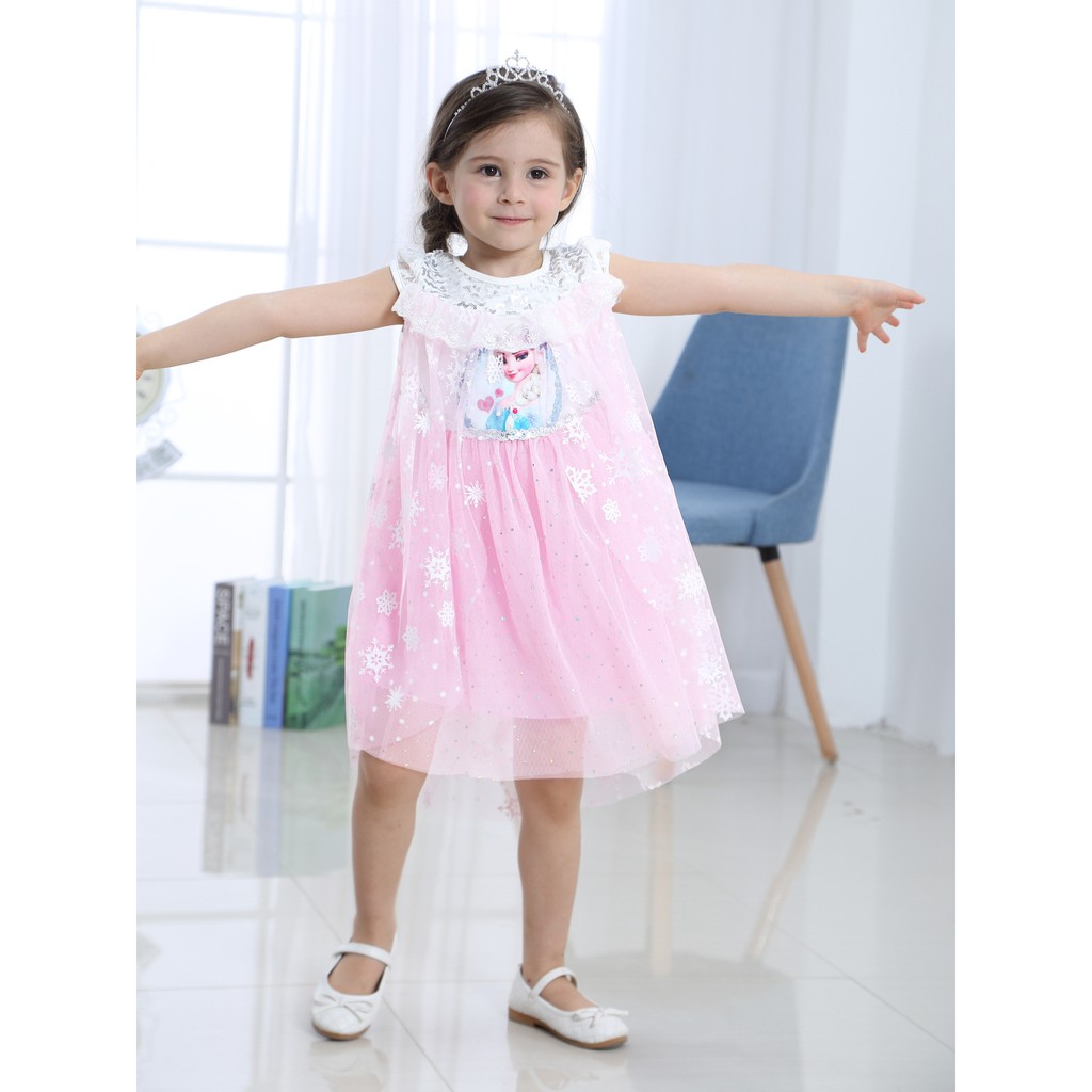 Dress Princess Musim Panas Gaya Korea Motif Print Kartun Salju untuk Anak Perempuan