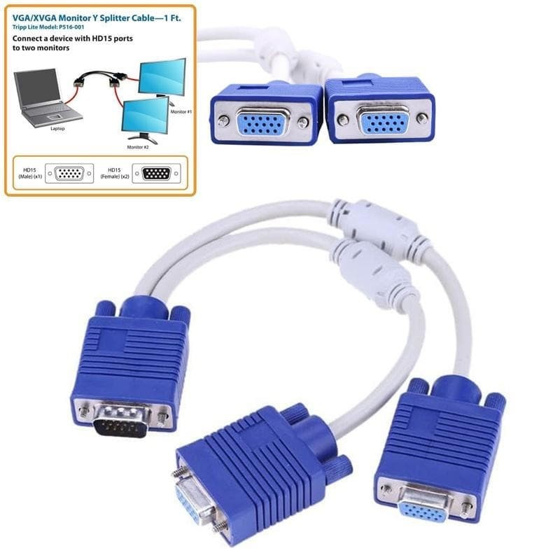 VGA SPLITTER 2 PORT CABLE FOR MONITOR LED - KABEL VGA CABANG 1 MALE TO 2 FEMALE DB15