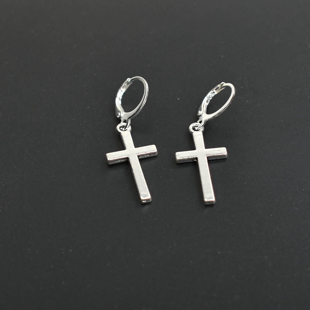 Anting Menjuntai Bentuk Bulan Salib Geometris Bahan Logam Warna Silver Untuk Wanita