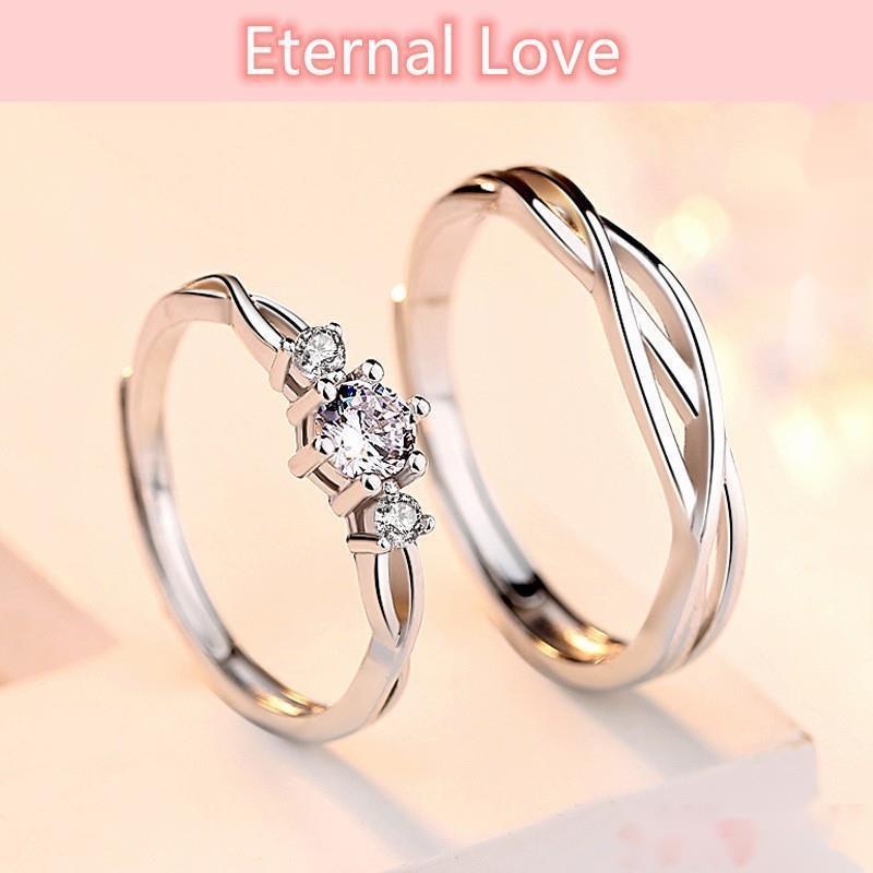 2pcs 925 Silver Cincin Pasangan Berlian Kristal Cincin Pernikahan Pasangan yang Dapat Disesuaikan Couple Ring Crystal Diamond Couple Wedding Adjustable Rings