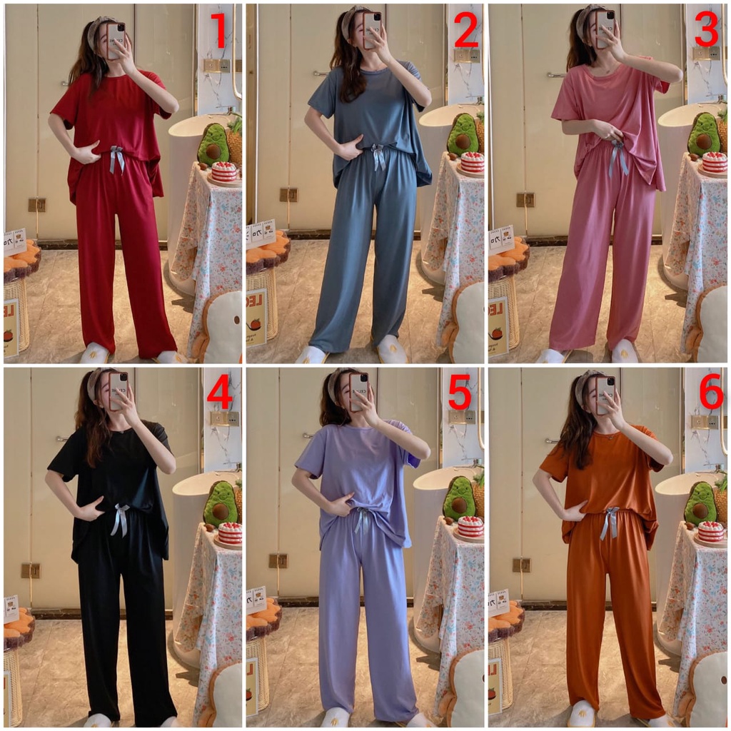 Baju tidur piyama lengan pendek celana panjang model korea bahan spandek import 3in1