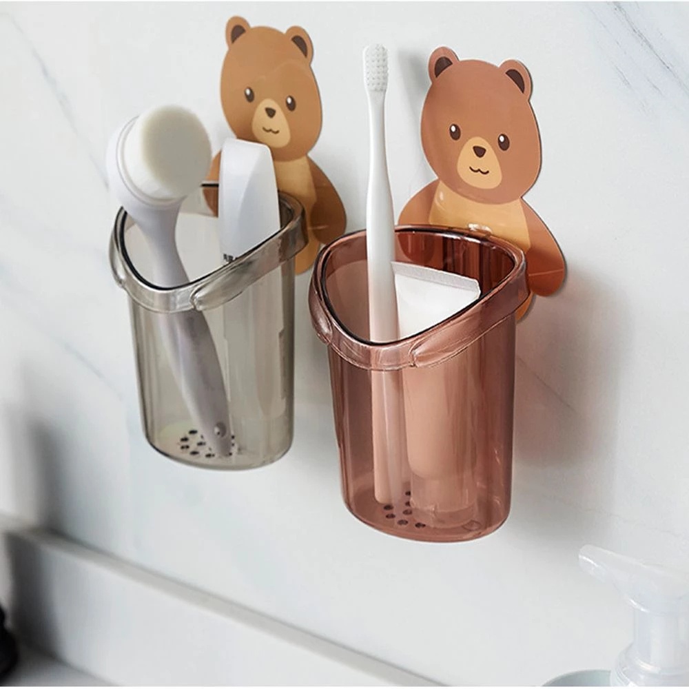 1pc Free Punch Wall Mounted Bear Toothbrush Storage Holder for Bathroom