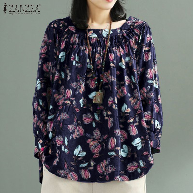 ZANZEA Women Vintage Floral Printed Loose Long Sleeve Blouse