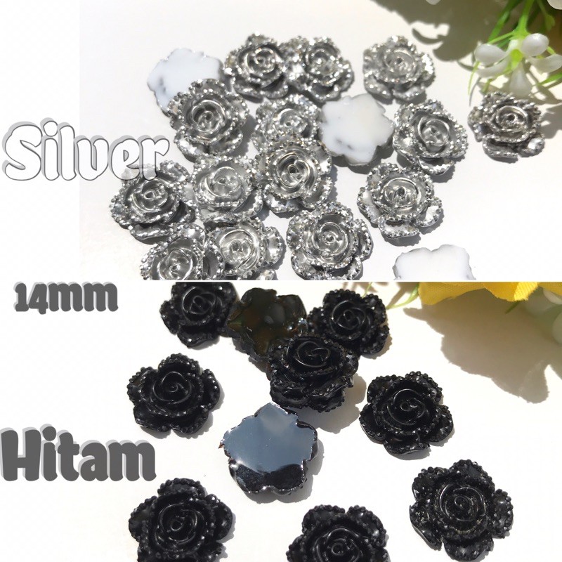 Resin Mawar Hitam SILVER 14mm isi 10pcs| Bahan Craft Bahan Tasbih Digital Bling Bling
