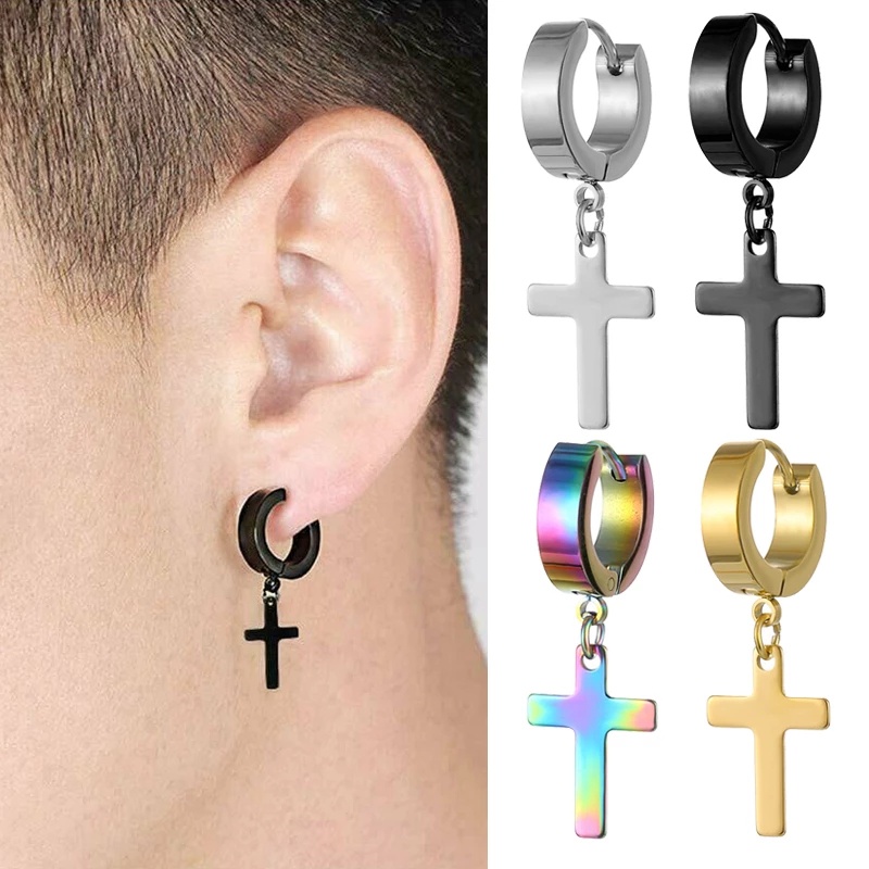 1 Pc Anting Stud Anti Pudar Bentuk Bulat Salib Bahan Titanium Gaya Hip Hop Punk Untuk Pria Dan Wanita