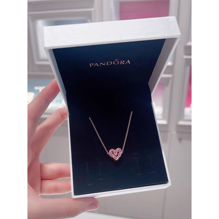 Pandora Kalung 925 Silver Rose Gold 18K Dengan Liontin Hati Aksen Berlian Kubik Zirkonia Untuk Wanita