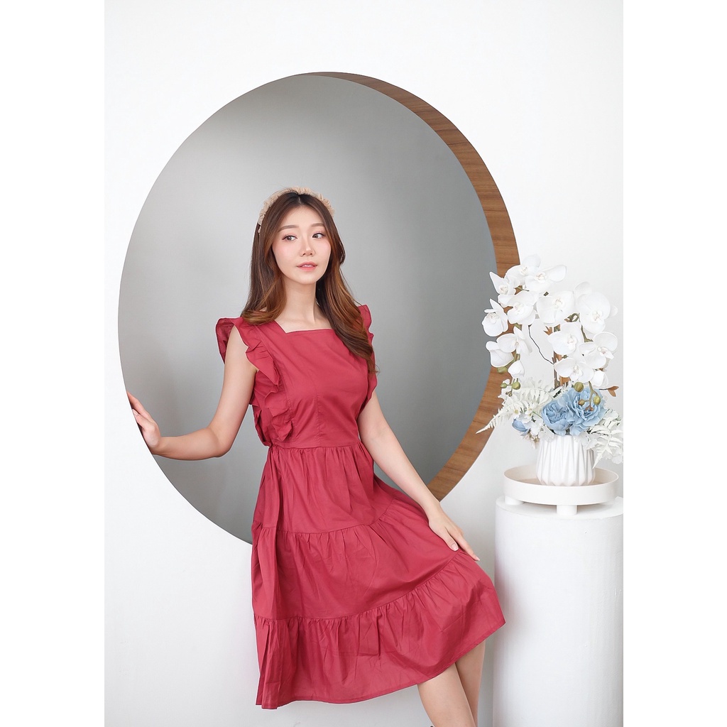 JXPLORE DRESS SETELAN IMPORT KOREA COTTONBELLS CASUAL DRESS WANITA JULIA RUFFLE PLAID SQUARE MIDI