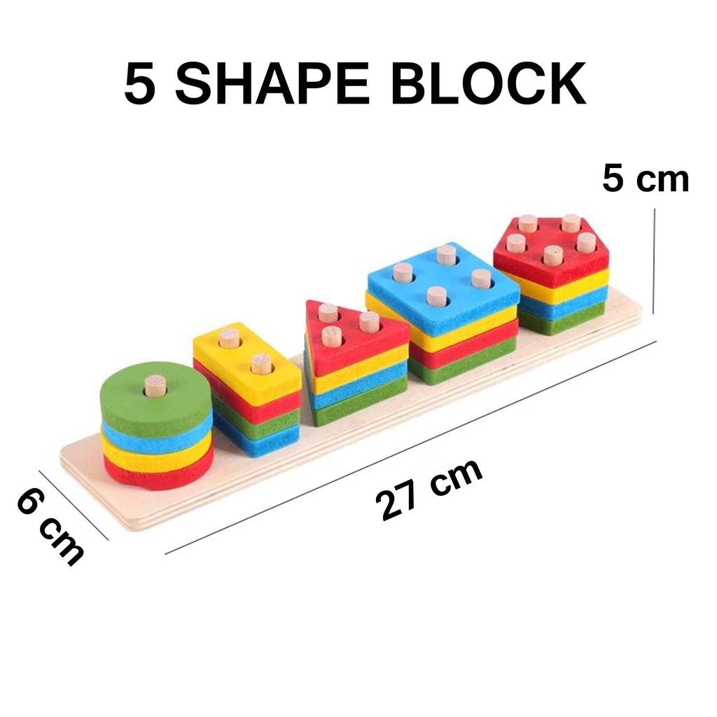 Mainan Edukasi Anak Basic Shape Kayu Balok Geometri Puzzle 3D Montessori Sensory Xylophone Jam Angka-5 SHAPE BLOCK