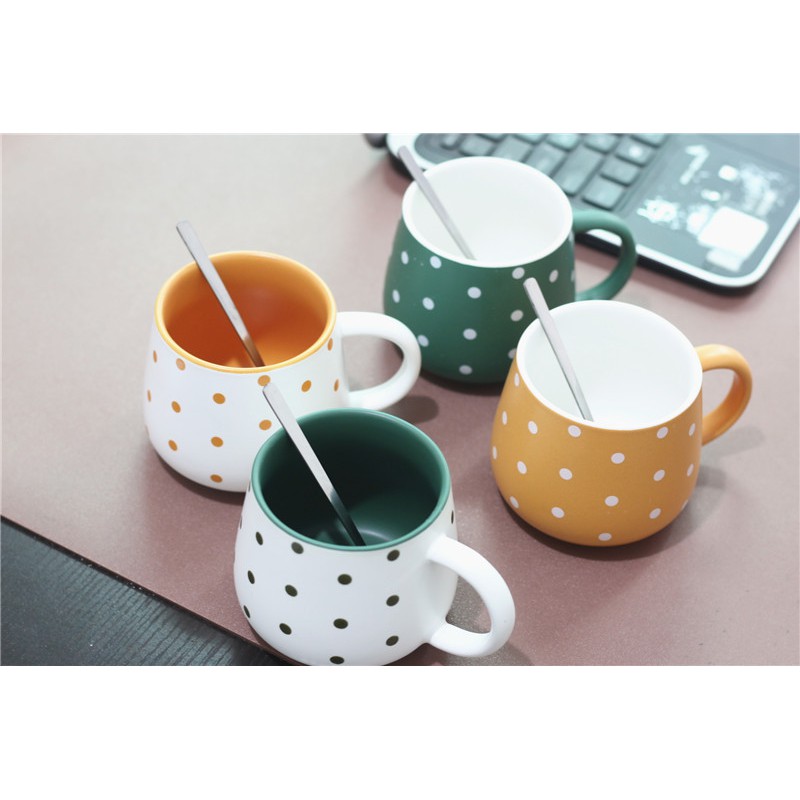 Gelas Keramik Mug Set Tutup Lucu Murah Polkadot Two Tone Set