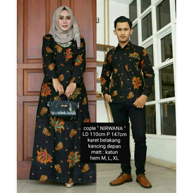 Couple Nirwana Batik Sogan Hitam Santosa Sarimbit Gamis Baju Kondangan Exclusive Elegant Oribylala