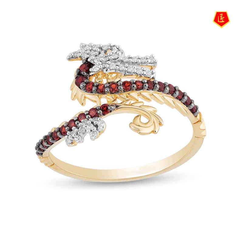 [Ready Stock]Refined Personalized 18K Gold Full Diamond Chinese Dragon Ring