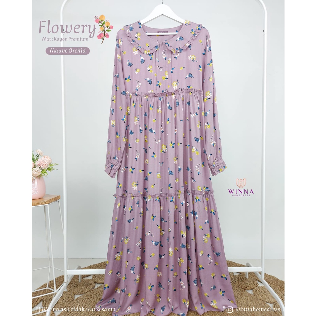 FLOWERYHOME DRESS by WINA klambieakhwat | daily dress | baju rumahan | gamis daily | gamis motif | daster motif | home dress motif | gamis busui | gamis bunga | home dress rayon | daster rayon | gamis syari | dress menyusui