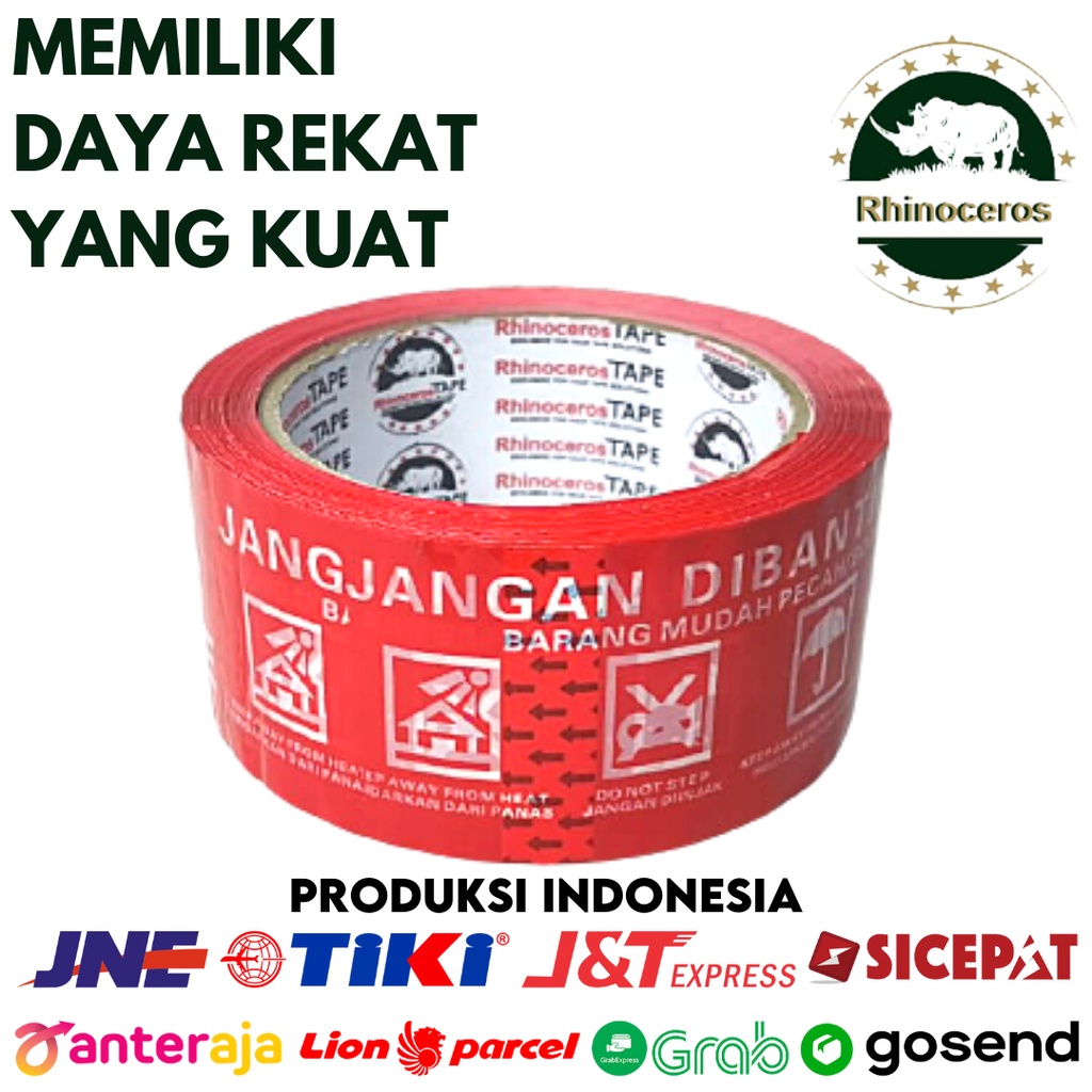 Lakban Fragile Merah RHINOCEROS Tape Selotip Isolasi 48MMx90YARD 2inci